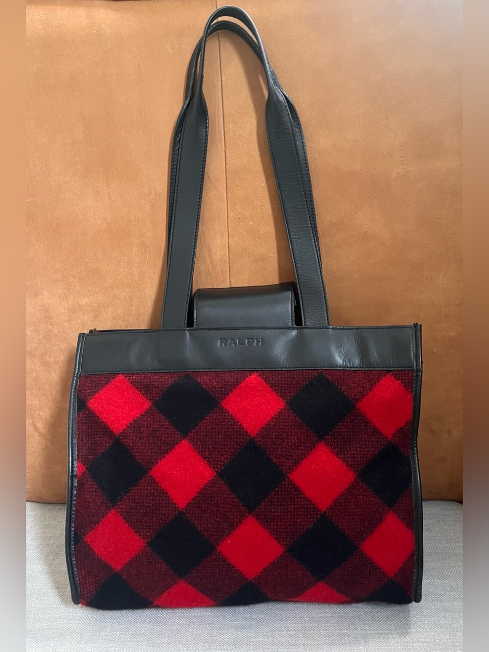 Archival Ralph Lauren Buffalo Plaid Wool Tote Bag with Leather Trim Red & Black